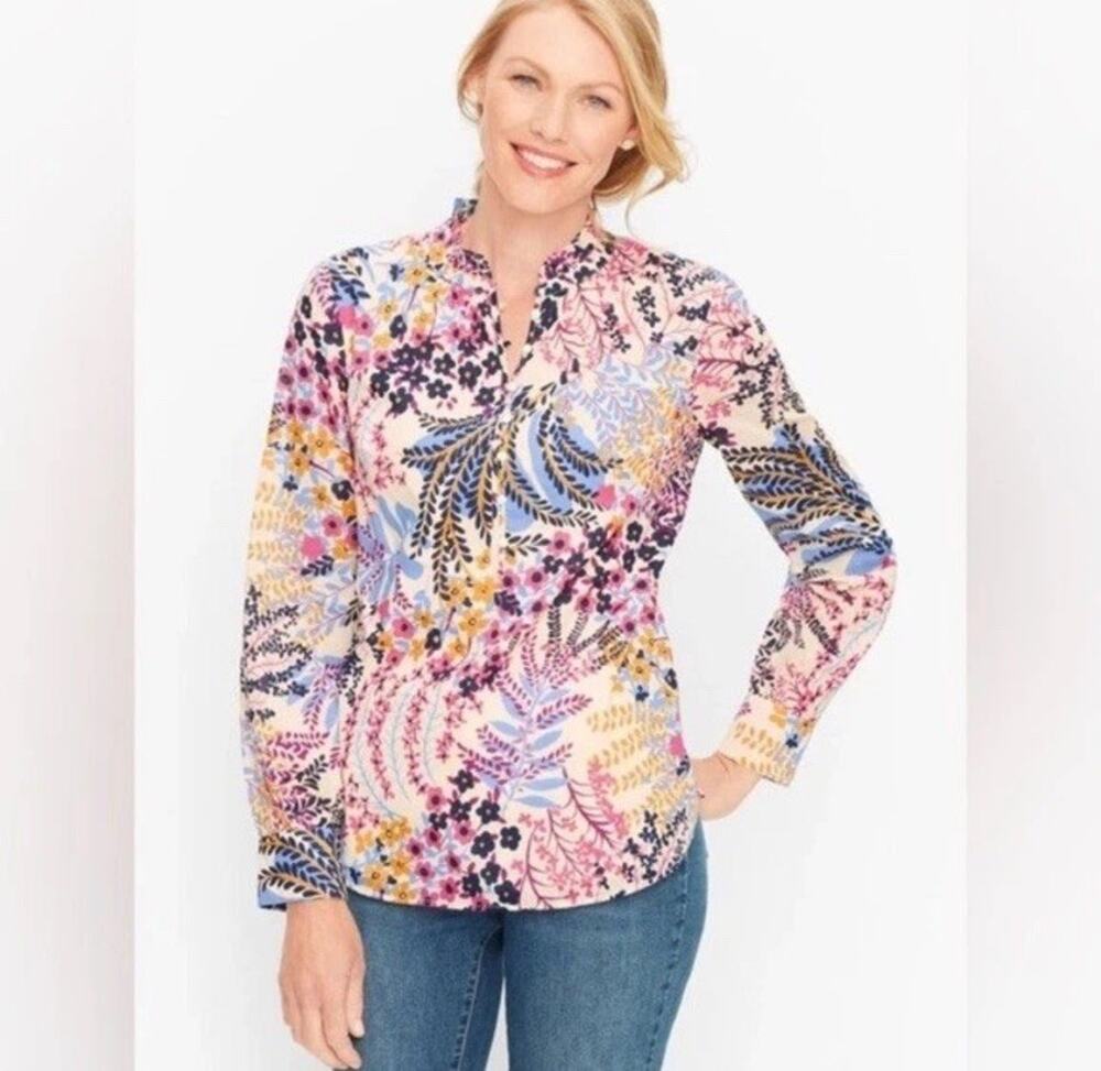 Talbots Women’s Garden Floral Long Sleeve Ruffle Collar Popover Top Size Small